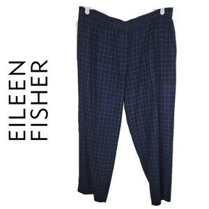 Eileen Fisher Pants Tussah Silk Midnight Blue Plaid Ankle Women’s Size Large